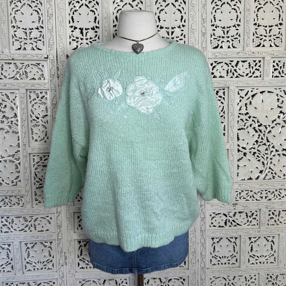 Vintage Mint Green Beaded Floral‎ Fairy Core Granny Cottage Sweater Sz Medium